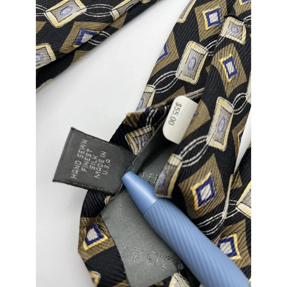 Robert Talbott Mens Silk Tie Black Gold Blue Geometric Diamond Hand Sewn USA